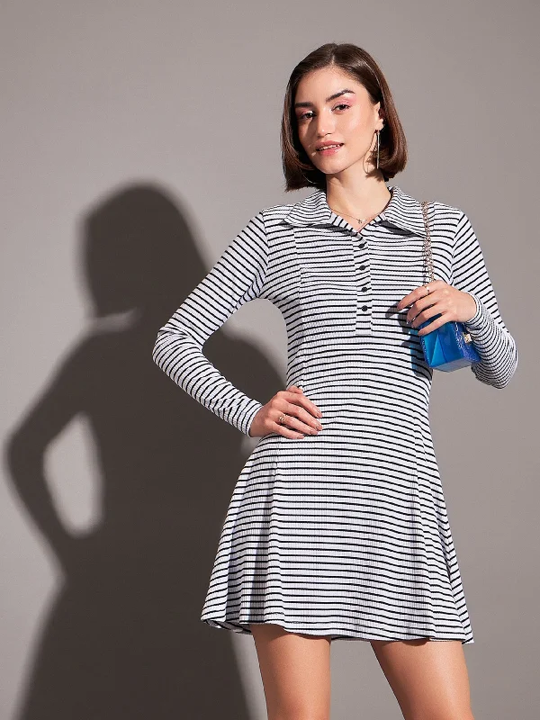 Lyush Women Black & White Striped Rib Polo Neck Skater Dress