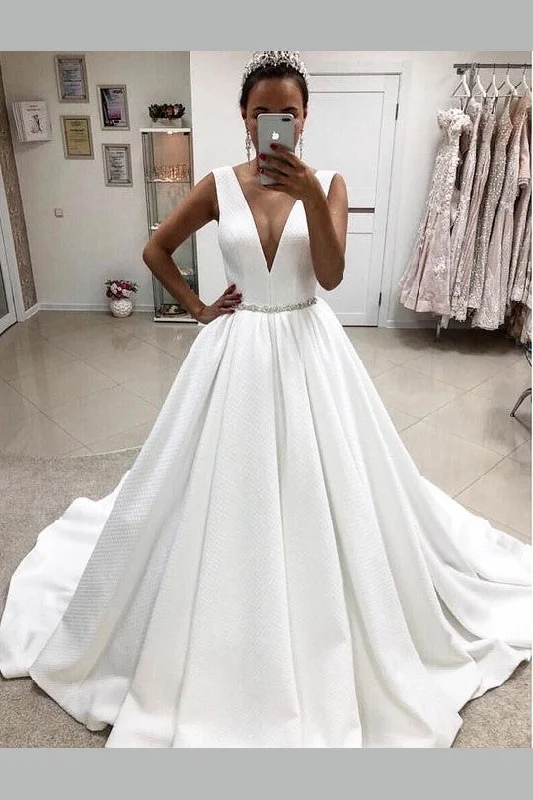 Deep V-neck  Satin Bridal Dresses with Beaded Belt