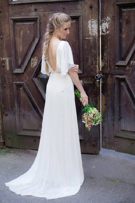 Boat Neck Chiffon Summer Bridal Dresses with Sleeves