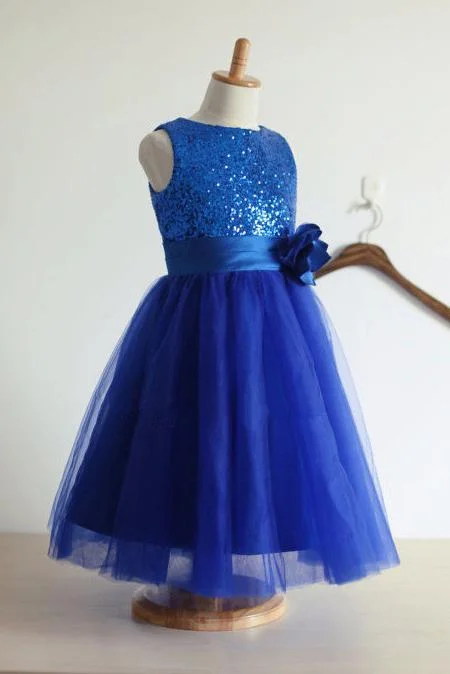 Royal Blue A-line Jewel Sleeveless Tulle Sequin Long Flower Girl Dresses DM703