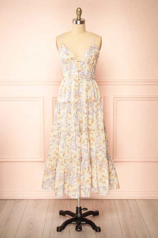 Jariana | Midi Floral Dress w/ Plunging Neckline