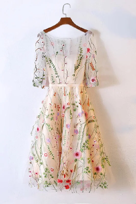 A-Line Bateau Knee-Length Half Sleeves Flower Tulle Homecoming Dresses DM519