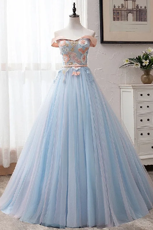 Ball Gown Off the Shoulder Tulle Sweetheart Appliques Prom Dresses, Quinceanera Dresses STI15063
