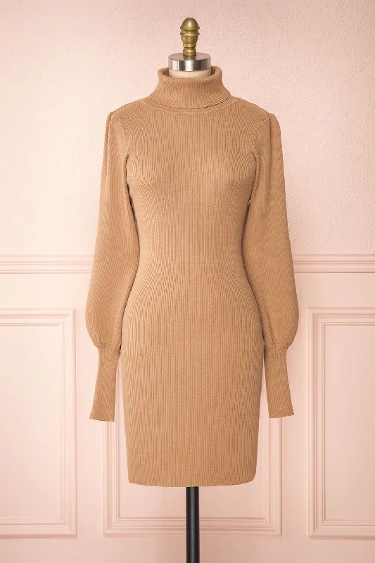 Janick Beige | Turtleneck Fitted Dress