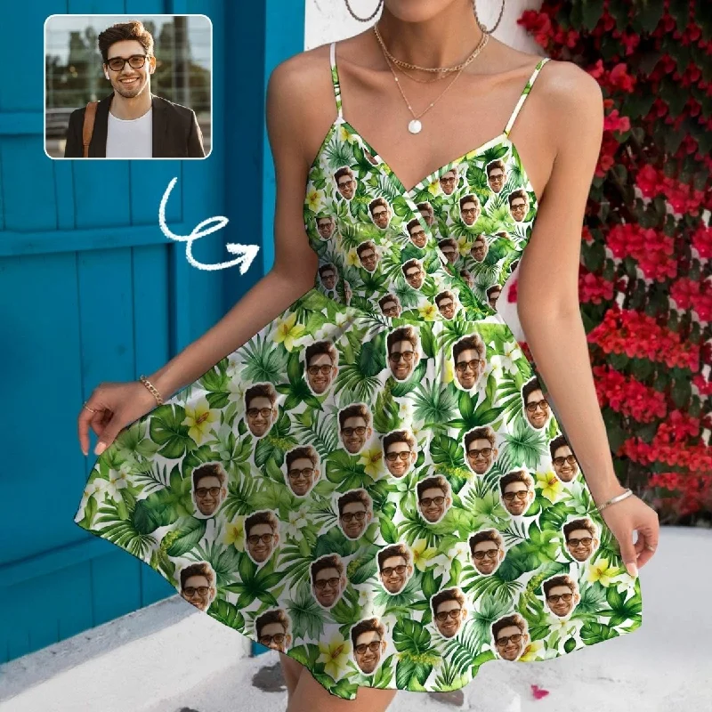 Custom Face Green Leaves Women's V-neck Wrap Cami Casual Dress