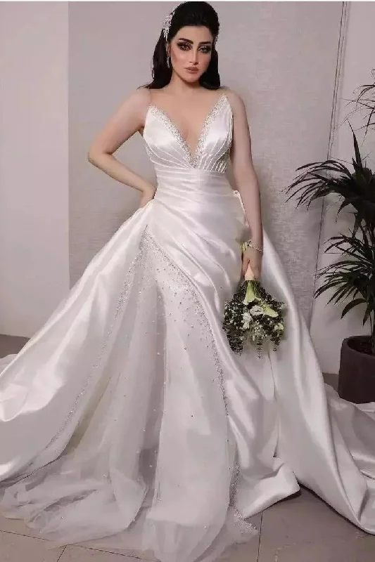 Deep V-neck Satin Bride Dress with Beaded Tulle Skirt