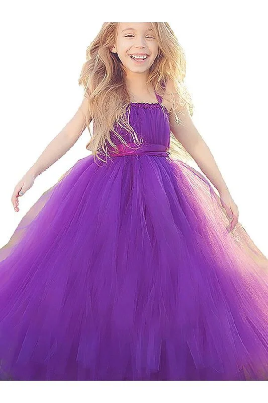 Fuchsia Ball Gown Straps Sleeveless Bowknot Floor-Length Tulle Flower Girl Dress DM706