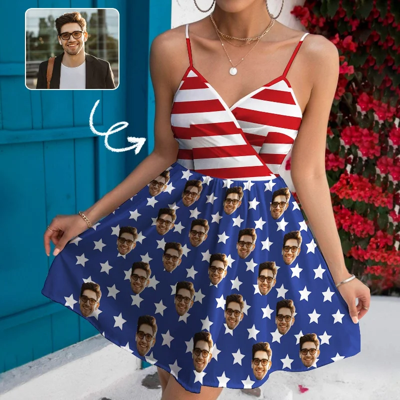 Custom Face American Flag Style Women's V-neck Wrap Cami Casual Dress