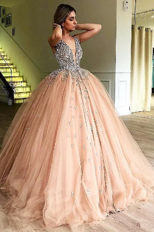Unique Ball Gown V Neck Sleeveless Beading Tulle Prom Dresses Quinceanera Dress