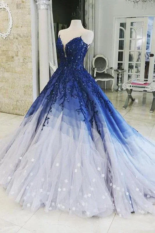 Ombre Ball Gown Royal Blue Prom Dresses With Appliques, Long V Neck Quinceanera Dresses STI15275