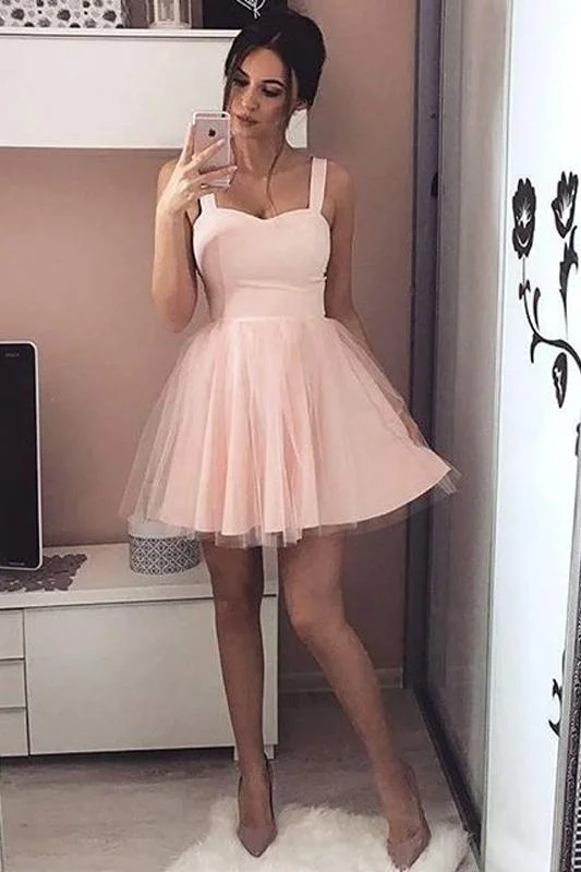 Charming Sweetheart Straps Short Light Blush Pink Tulle A Line Homecoming Cocktail Dress DM522