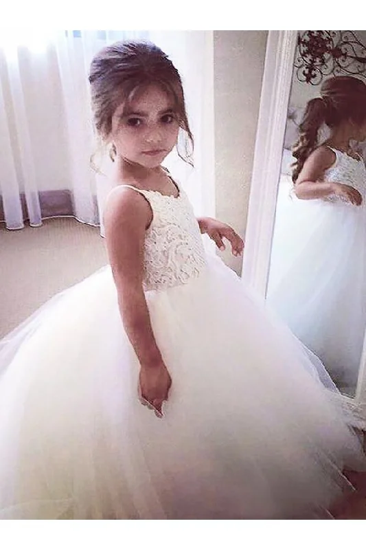 Ball Gown Round Neck Sleeveless Lace Floor-Length Tulle Flower Girl Dresses DM709