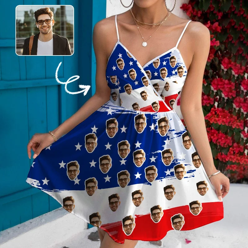 Custom Face USA Flag Women's V-neck Wrap Cami Casual Dress