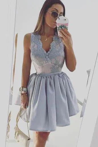 Cute Lace Top Satin V-neck Sleeveless A Line Homecoming Dresses DMA77