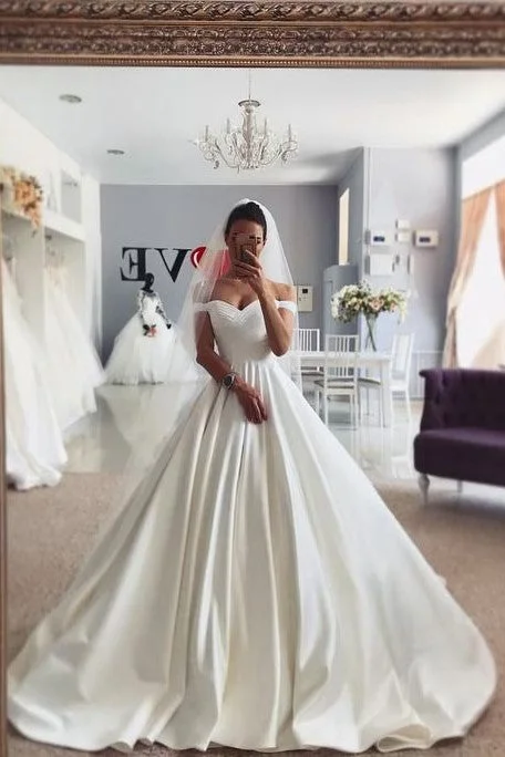 Chic Satin Princess Wedding Gown Dress with Off-the-shoulder