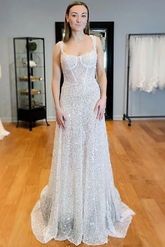 Dazzling Bead Sequin Bridal Dresses with Double Straps