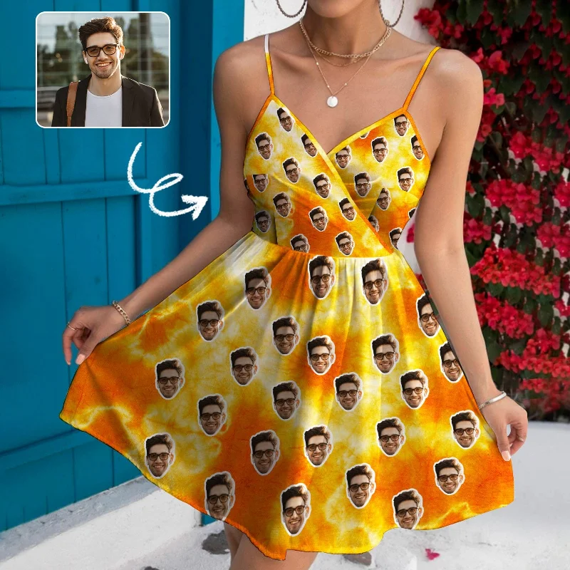 Custom Face Yellow Women's V-neck Wrap Cami Casual Dress