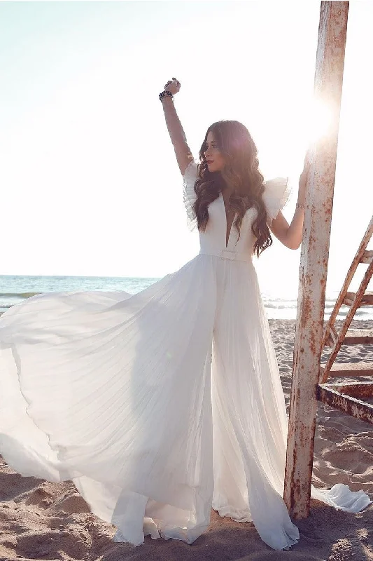 Chiffon Summer Bridal Dresses with Pleat Flare Sleeves