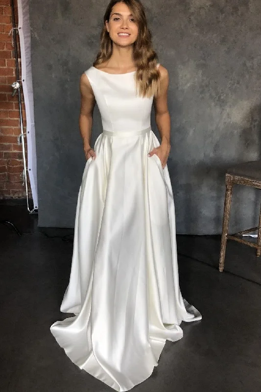 Clean Satin Sleeveless Bridal Dresses with Pockets