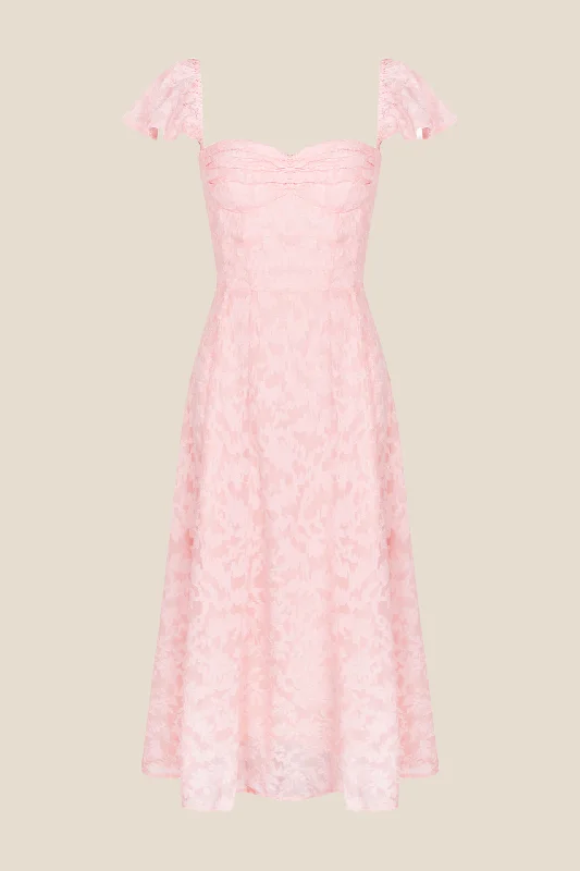 Flare Sleeves Pink Ruched A-line Long Dress