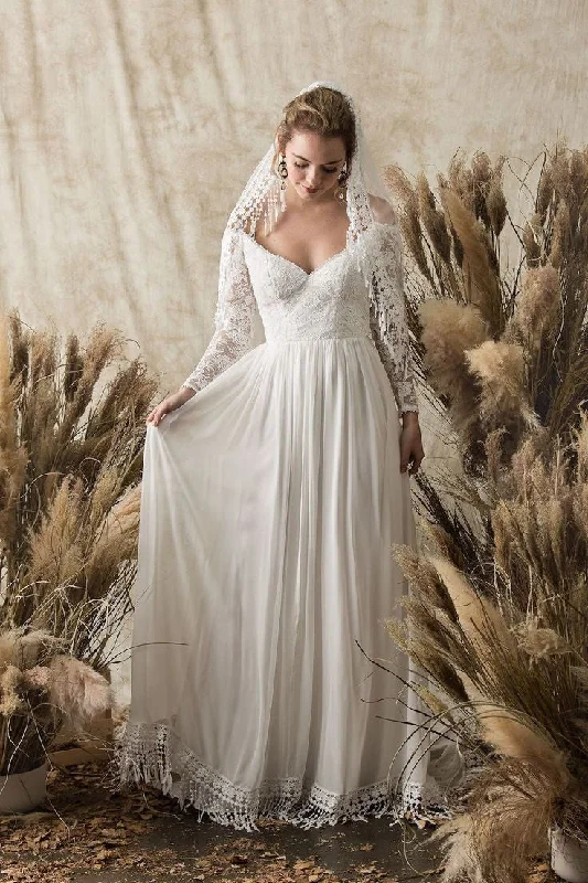 Chiffon Lace Sleeves Boho Bride Dress with Tassel Hem
