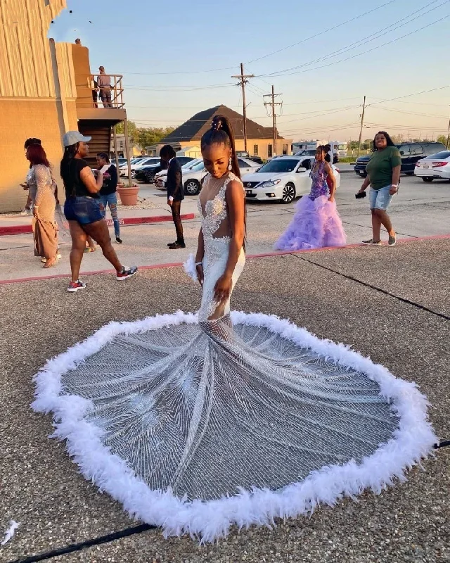 Black Girls Feathers Prom Dresses  Beading African Women Mermaid Party Gowns Sequin Evening Dress Vestidos De Graduacion