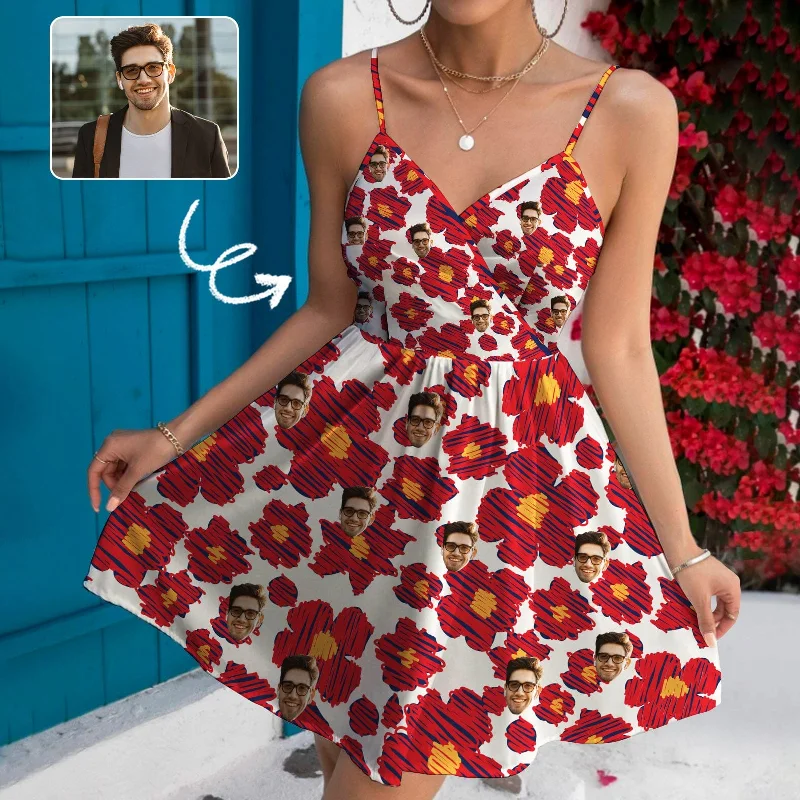 Custom Face Red Flowers Women's V-neck Wrap Cami Casual Dress