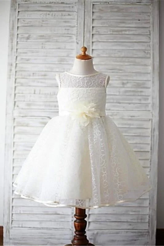 Ball Gown Scoop Sleeveless Flower Floor-Length Lace Flower Girl Dresses With Flower DM724