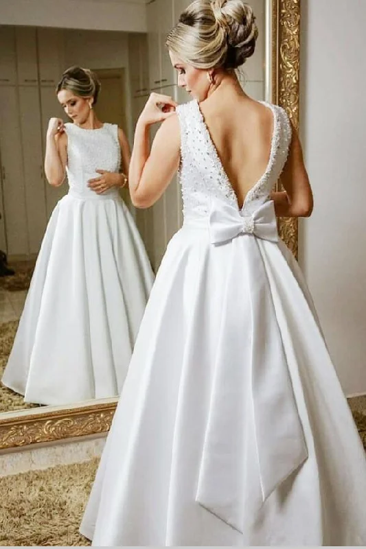 Chic Beaded Pearls Satin Bride Dresses Wedding Bow Ribbon Sash