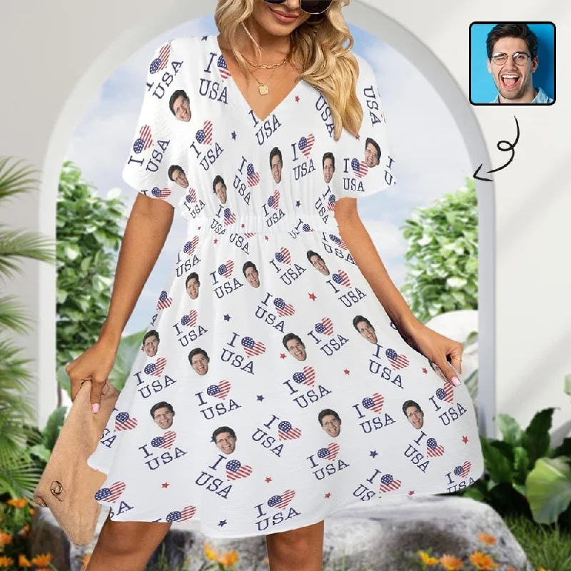 Custom Face Flag Style V-Neck Women's Elastic Waist Casual Dress