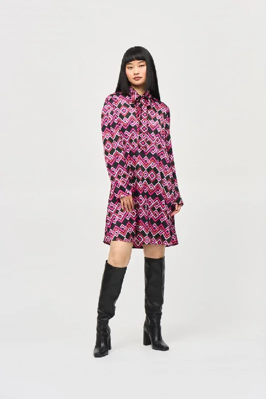 JOSEPH RIBKOFF SATIN GEOMETRIC PRINT A-LINE DRESS