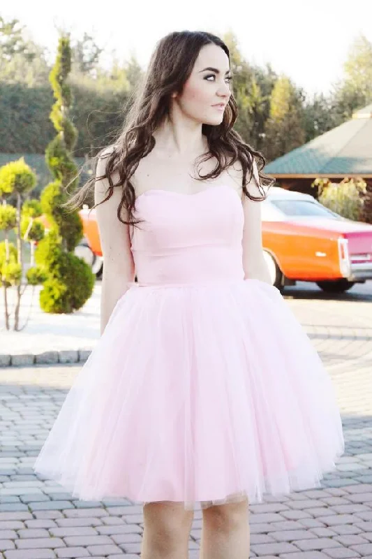 Curve Strapless Satin Tulle Short Pink Homecoming Dress