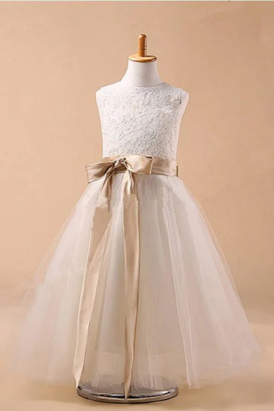 Ball Gown Jewel Sleeveless Bowknot Long Tulle Flower Girl Dresses With Sash DM702