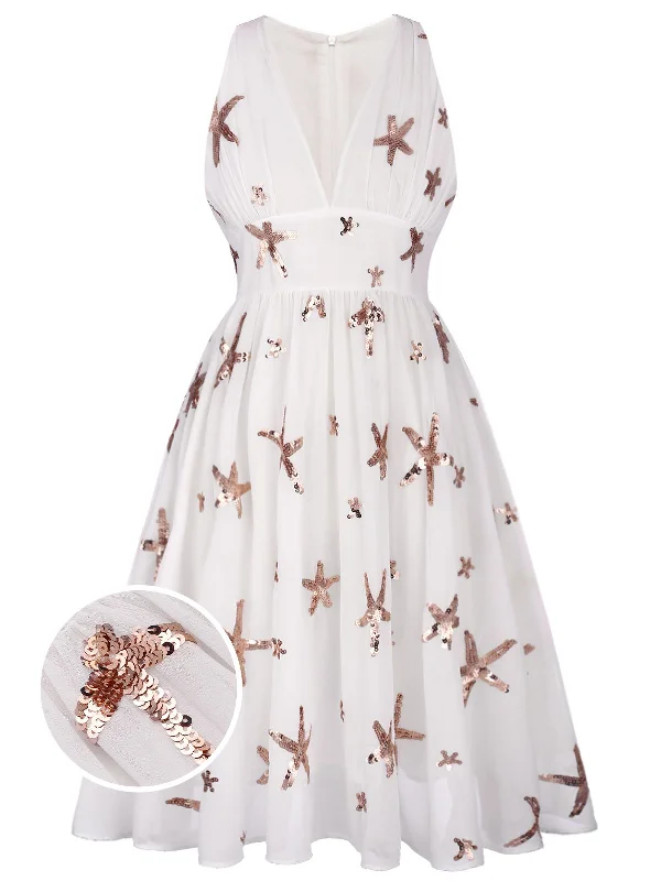 White 1950s Sequins Stars Swing Dress