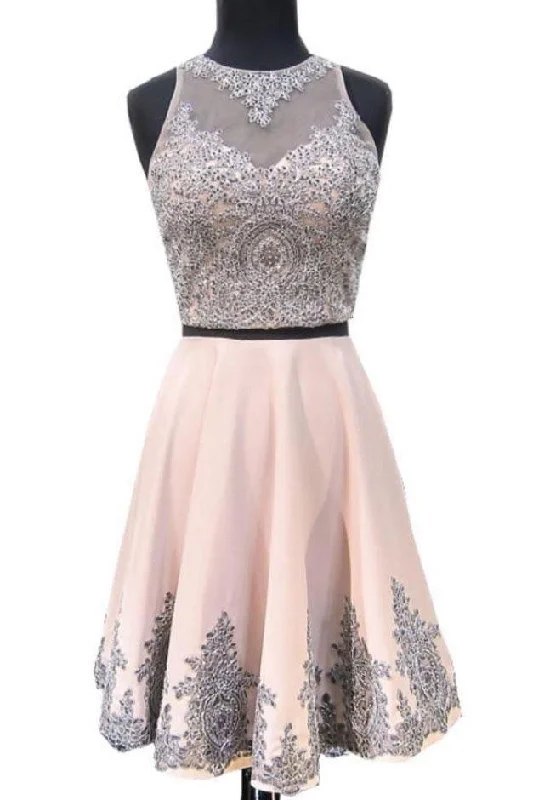 Two Pieces A-line Illusion Mini Lace Appliqued Beaded Short Homecoming Dresses DMA71