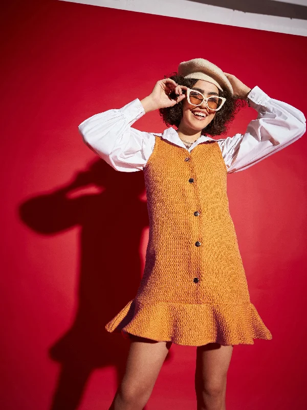 Lyush Women Orange Tweed Front Button Frill Hem Dress