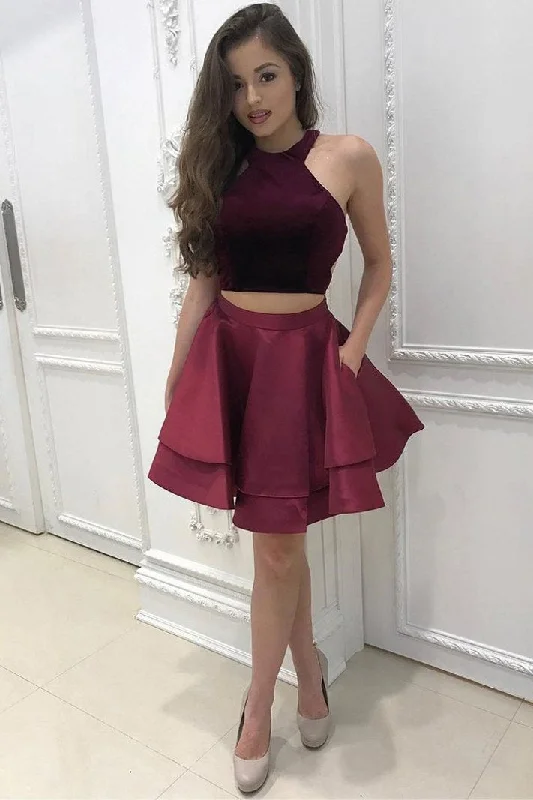 Two Pieces Burgundy Short Halter Homecoming Dresses,Cheap Sexy Short Prom Dresses DM516