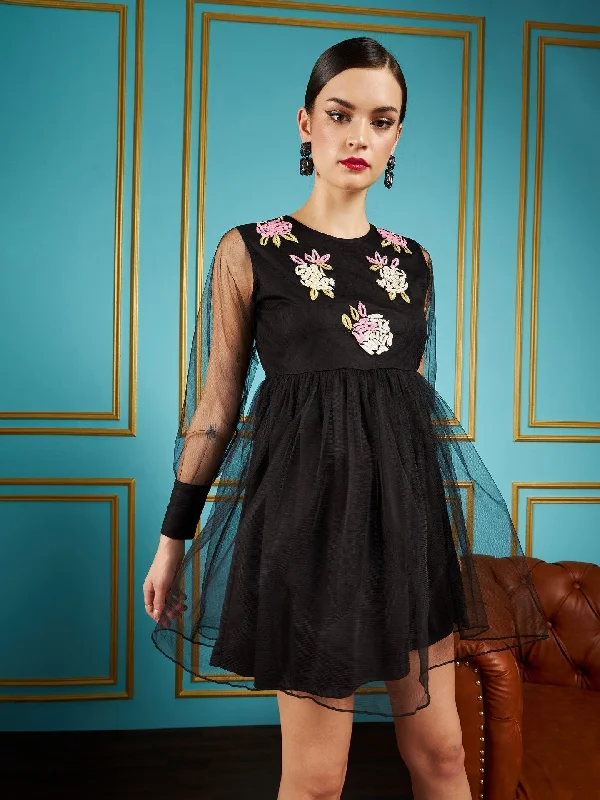 Lyush Women Black Front Embellished Mesh Skater Dress