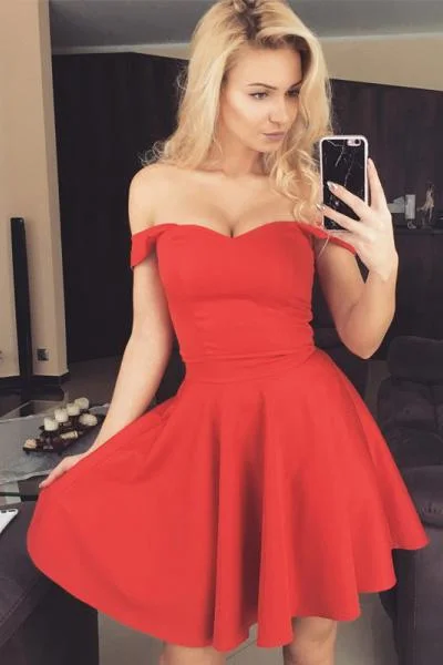 Cute A-Line Off the Shoulder Short Red Satin Homecoming Dress,Graduation Dresses DMA58