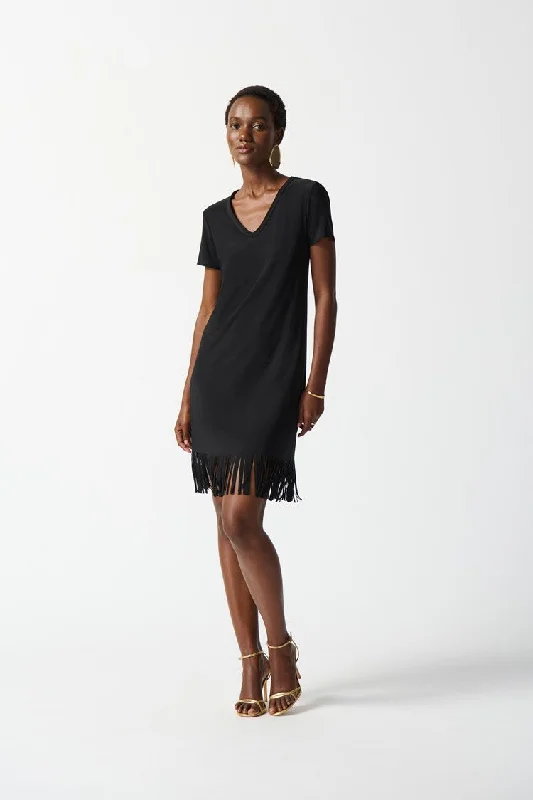 JOSEPH RIBKOFF SILKY KNIT STRAIGHT DRESS W/ FRINGE
