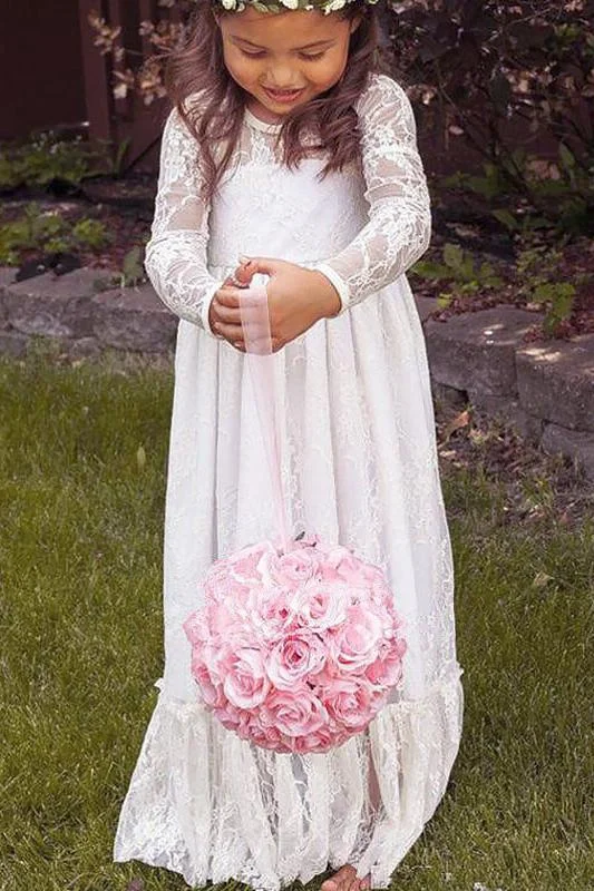 Ivory A-Line Long Sleeves Jewel Bowknot Lace Floor-Length Flower Girl Dress DM708