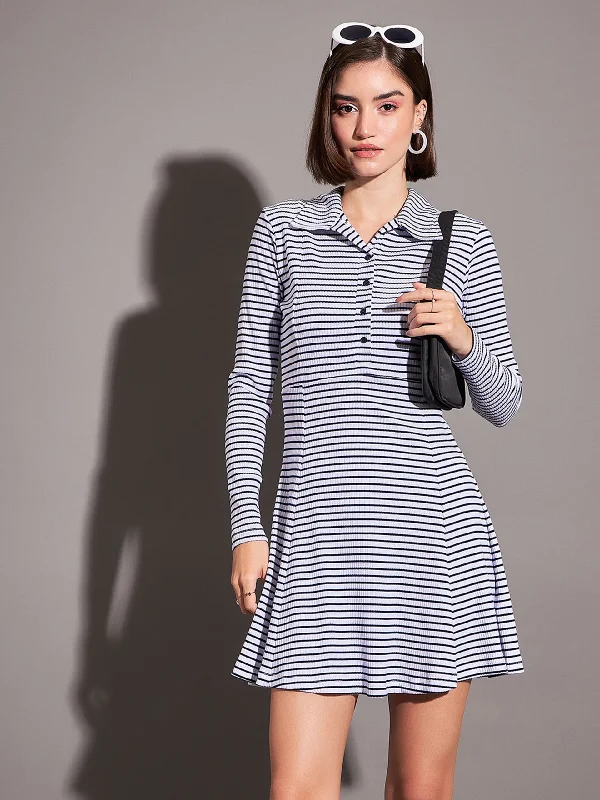 Lyush Women Navy & White Striped Rib Polo Neck Skater Dress