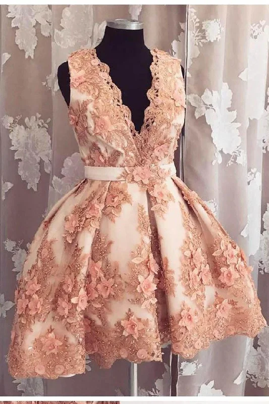 Cute A-line Deep-V Lace Appliqued Short Homecoming Dresses DMA74
