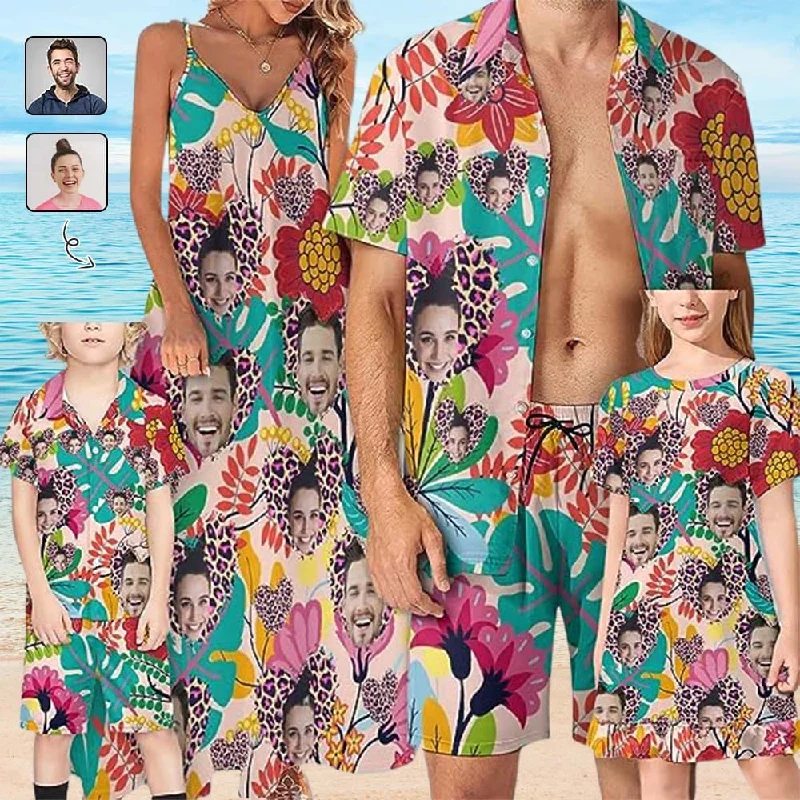 Family Hawaiian Dress Set Cruise Outfit Custom Face Floral Leopard Colorful Hawaiian Shirt Set&Dress