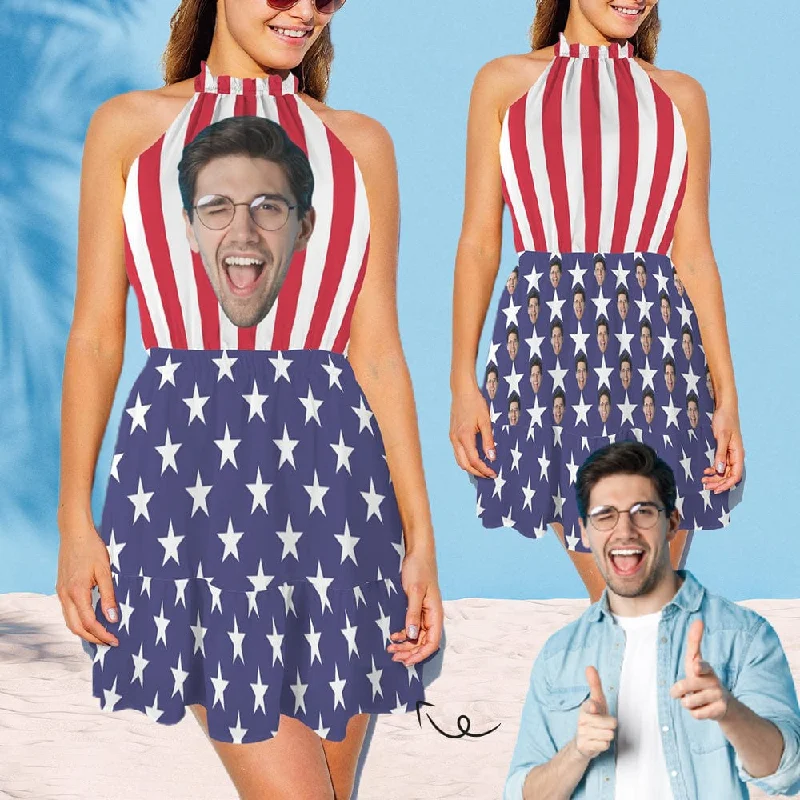 Custom Face American Flag Style Women's High Neck Sleeveless Off-shoulder Casual Dress