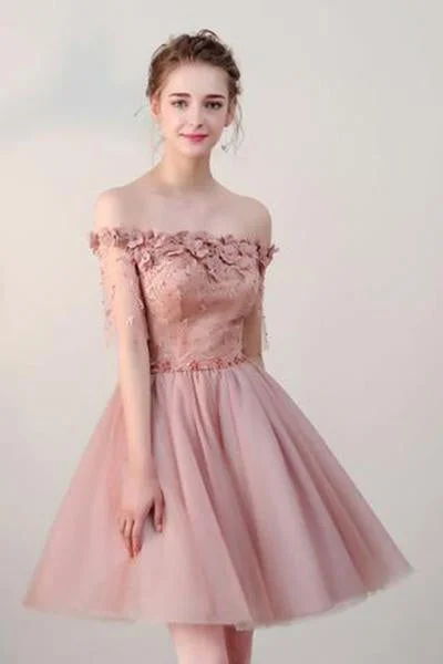 Chic Short Pearl Pink Off-the-shoulder Homecoming Dress,Tulle Cheap Prom Dresses DM511