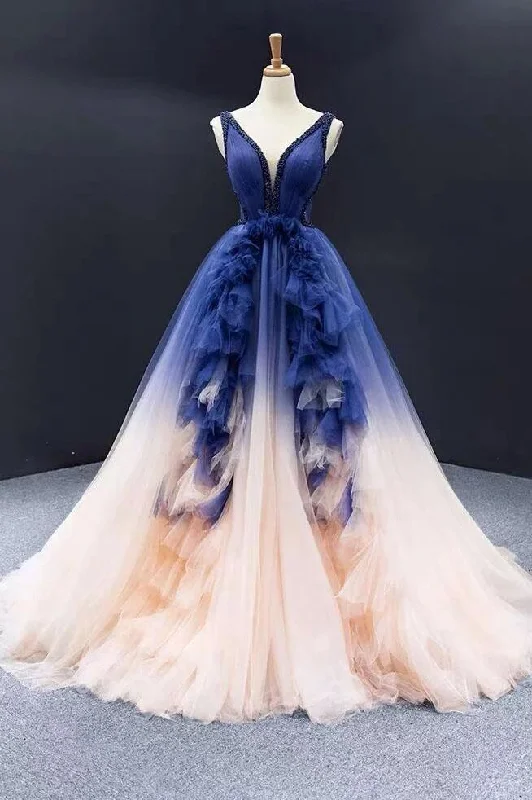 Ball Gown Ombre V Neck Tulle Royal Blue Long Prom Dresses, Quinceanera Dresses STI15067