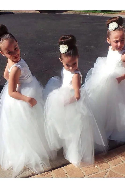 Princess White Ball Gown Jewel Sleeveless Floor-Length Tulle Flower Girl Dresses DM707