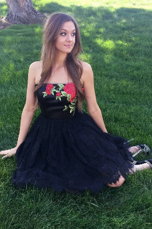 A-line Black Lace Strapless Short Flower Homecoming Dresses DMA75