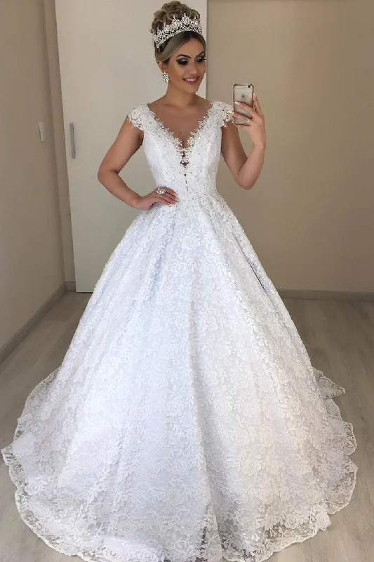 Brazilian Style Lace Bride Dresses Wedding 2020 with Beaded V-neckline